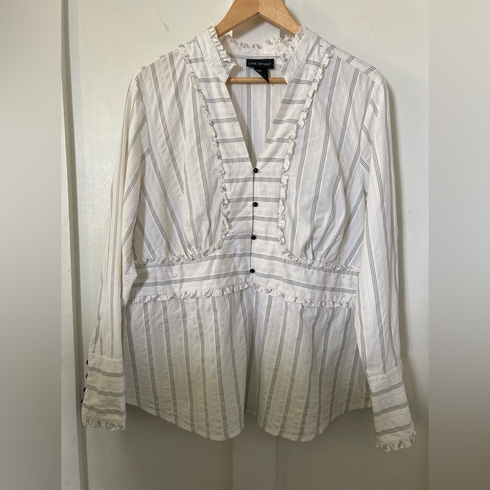 LANE Bryant ruffled popover blouse button cuffs striped